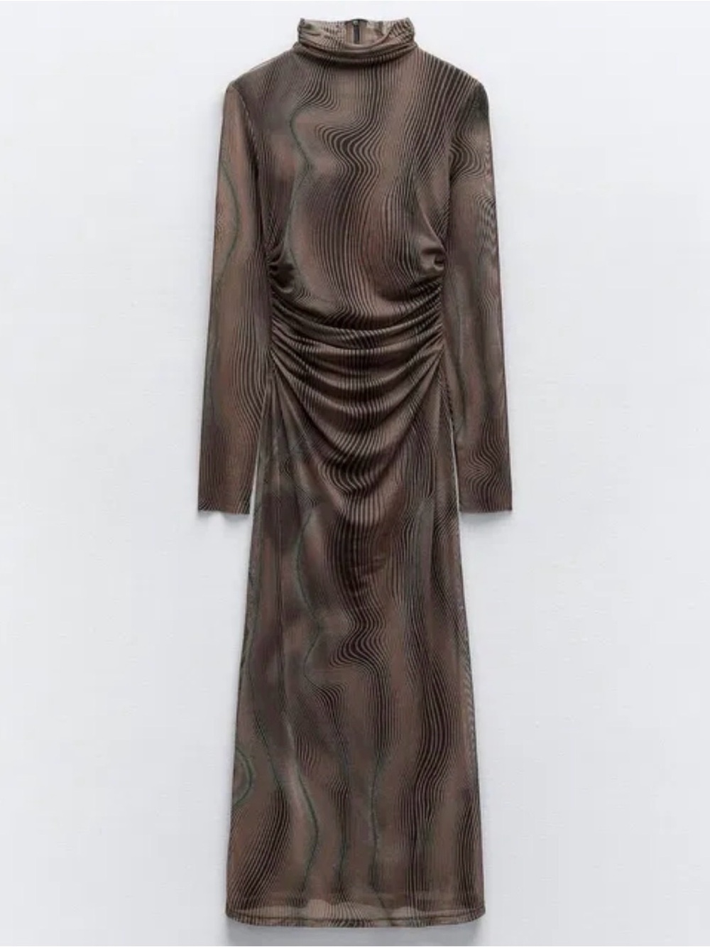 Zara Long Sleeve Brown Wave-Print Mock Neck Dress